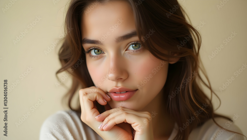 A poised, young woman gazes forward, her soft features complemented by flowing brown hair and striking green eyes. A poised, young woman gazes forward, her soft features complemented by flowing brown hair and striking green eyes.