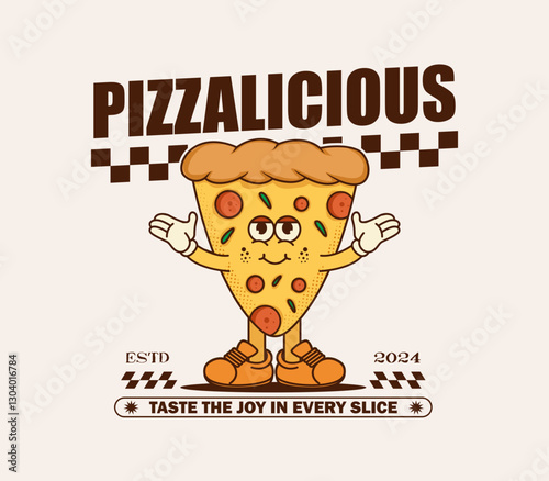 Vintage pizza slice cartoon character, vector illustration for graphic t-shirts, posters, stickers, merchandise and more