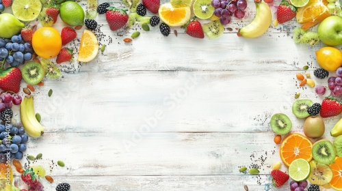 Colorful fruit border on wood, copy space