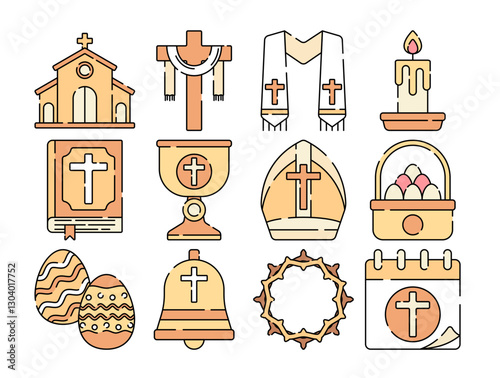 Flat design Easter icons. Church, cross, candle, Bible, chalice, bishop's hat, eggs, bell, crown of thorns, calendar. Ideal for holiday graphics, religious content, and festive designs.