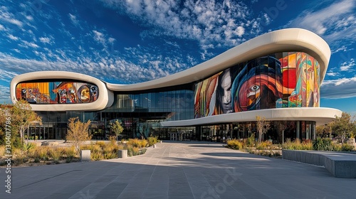 A modern building featuring colorful artwork and a sleek, curved design under a vibrant sky.