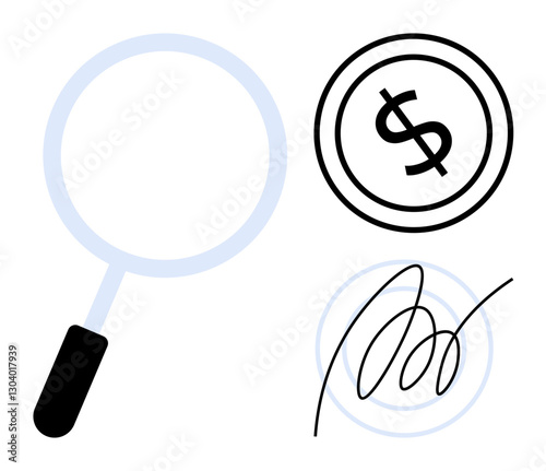 Magnifying glass, dollar sign, and cursive signature highlight financial review, verification, approval, auditing, and documentation processes. Ideal for analysis contracts fraud detection. Flat