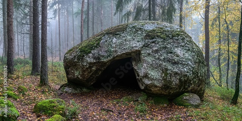 A large boulder with a hollowed-out section forming a natural shelter