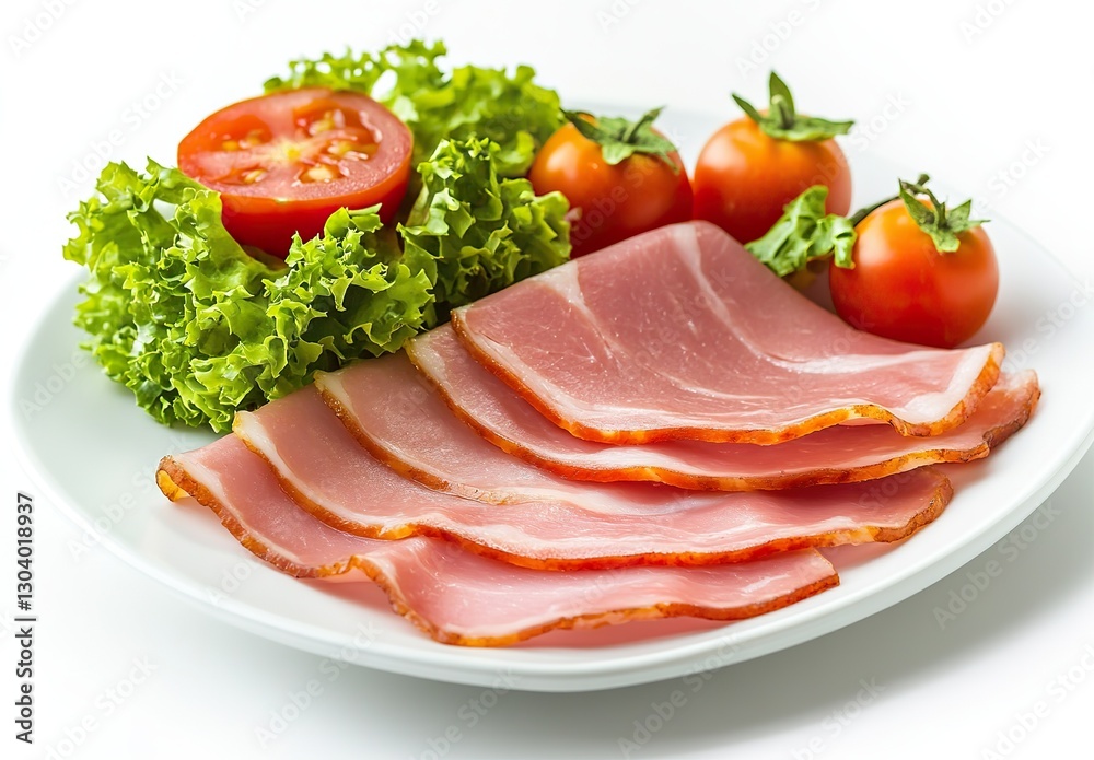 Slices of Ham on White Plate with Salad and Tomatoes, Isolated on White Background, Close-up, Gourmet Meal Concept Slices of Ham on White Plate with Salad and Tomatoes, Isolated on White Background, Close-up, Gourmet Meal Concept