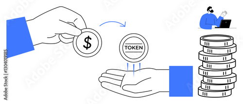 Hand passing dollar coin to another exchanging for token, arrow guiding process, man working, stack of coins. Ideal for finance, cryptocurrency, trade, e-commerce, digital assets investment modern