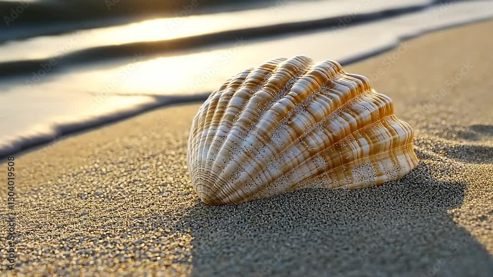 Close-up of a beautiful seashell resting on golden sand with gentle waves in the background