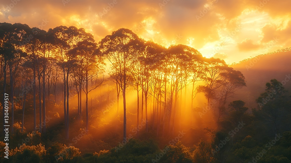 Naklejka premium Sunrise Trees Foggy Nature Scene high resolution hd background