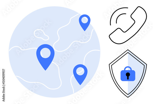 Map with location pinpoints, phone receiver icon, shield with lock. Ideal for telecommunication, security, navigation, connectivity, customer service global reach cyber defense. Abstract line flat