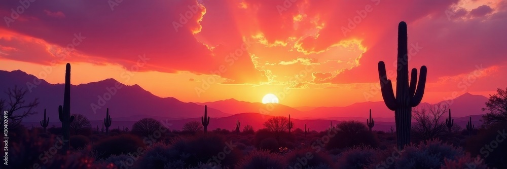 Majestic saguaro silhouettes against vibrant sunset sky, background, horizon
