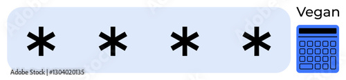 Password input field with four black asterisks and adjacent labeled blue calculator hinting vegan design. Ideal for security, vegan lifestyle, ethical tech, innovation, password safety, calculation
