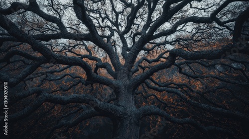 A majestic, sprawling tree with intricate branches against a moody, atmospheric background, showcasing the beauty of nature.