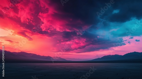 A stunning sunset casts vibrant pink and blue hues across dramatic clouds and a serene body of water, creating a breathtaking natural scene.