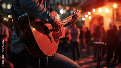 A guitarist performing in a crowded courtyard
