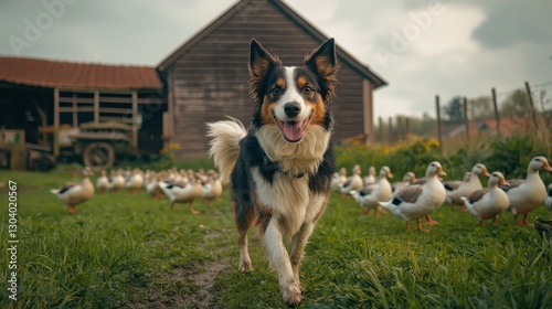 A playful dog walks confidently through a farmyard, surrounded by ducks and a rustic barn in the background.