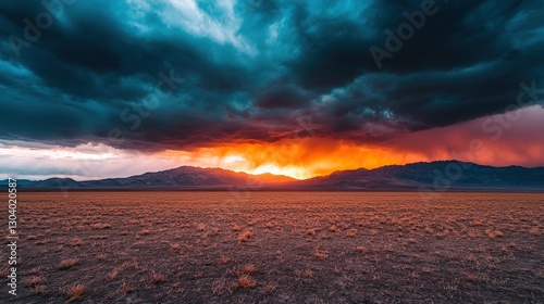 A dramatic sunset illuminates the horizon, with dark clouds contrasting against vibrant oranges and yellows, creating a stunning landscape.