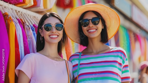 Two smiling women in sunglasses pose cheerfully in front of colorful fabrics, exuding a vibrant, summery vibe.