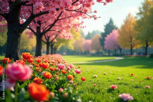 Panoramic shot of colorful spring flowers across park, landscape, vibrant, botany