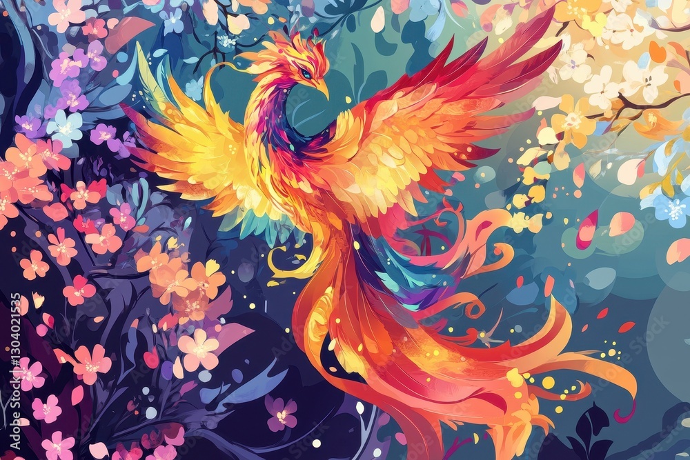 A brightly colored phoenix spreading its wings amongst flowers and foliage A brightly colored phoenix spreading its wings amongst flowers and foliage