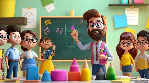 Joyful Classroom: A 3D Animated Scene of Teacher and Students