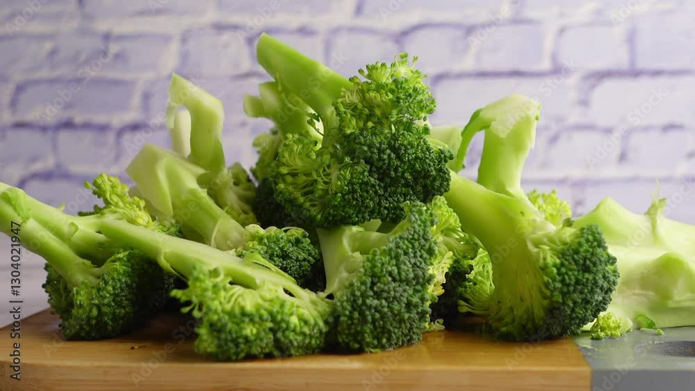 Fresh broccoli preparation on wooden cutting board Fresh broccoli preparation on wooden cutting board