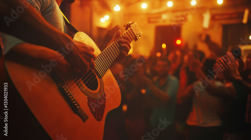 A guitarist performing in a crowded courtyard