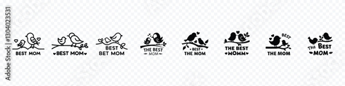 Mother Bird Feeding Baby Bird with "Best MOM" Icon – Love and Nurturing Symbol, Mother Bird Feeding Baby Bird on Branch with Best MOM Text Icon