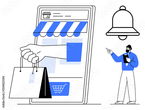 Smartphone storefront with awning, hand holding shopping bags, shopping cart icon, notification bell, and man pointing with clipboard. Ideal for e-commerce, retail, delivery, marketing