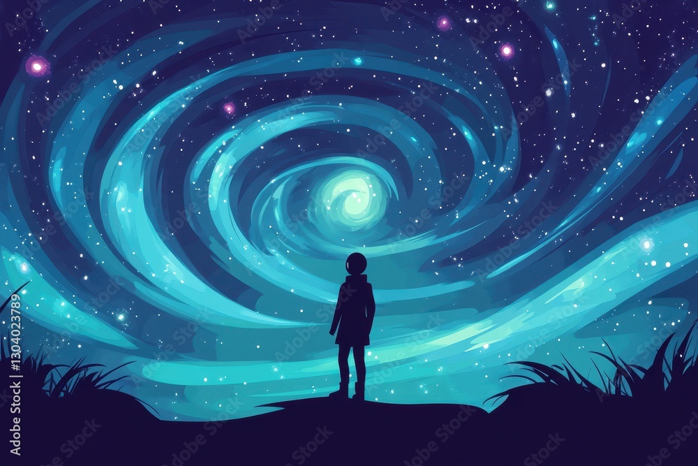 Obraz premium Silhouette person standing looking at the swirling celestial cosmos above