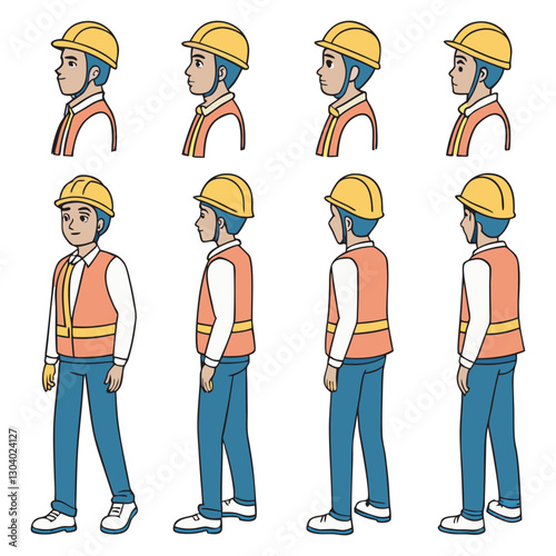 Construction worker, builder in helmet, vest, uniform vector illustration. Character constructor for animation. Front, side, and back view set. Body parts, postures, poses collection
