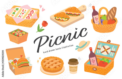 ピクニックのお弁当や食べ物の手書きイラスト