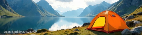 Brightly colored child's tent pitched amidst stunning Norwegian scenery, camping, vibrant