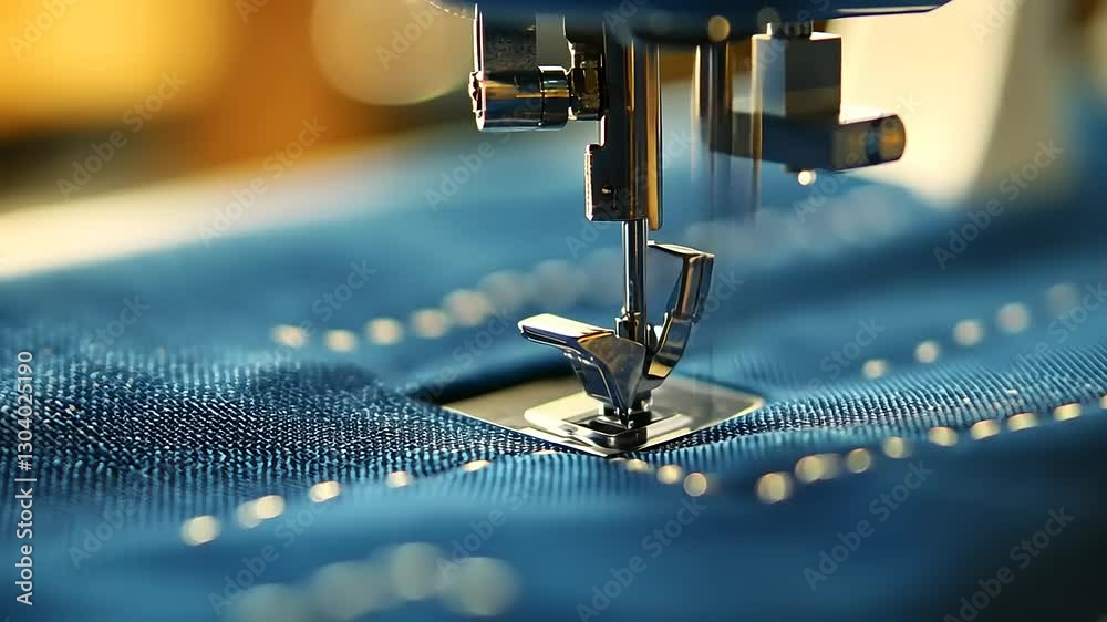 Close-up of a sewing machine stitching blue fabric, showcasing craftsmanship and precision