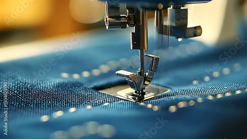 Close-up of a sewing machine stitching blue fabric, showcasing craftsmanship and precision