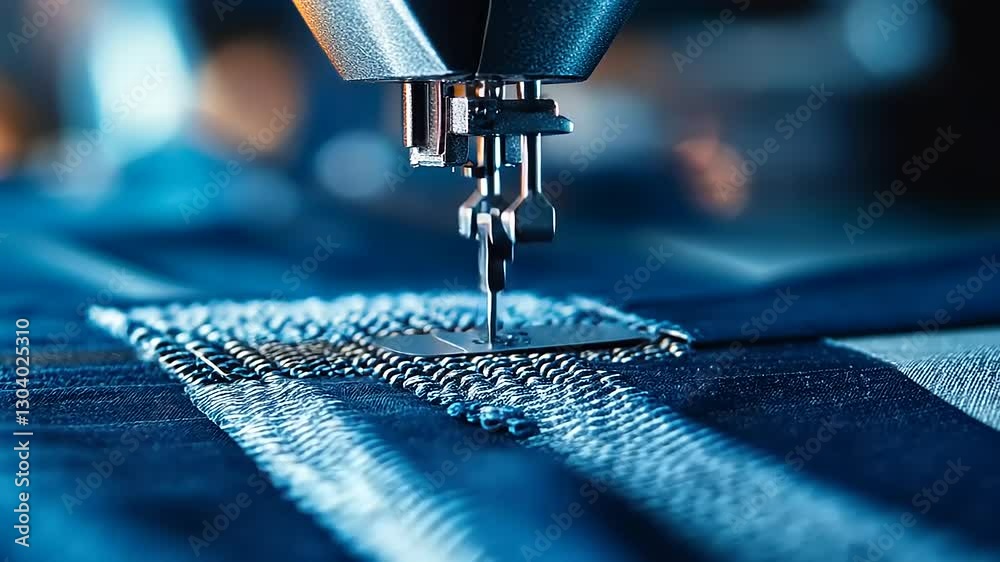 Close-up of a sewing machine needle stitching fabric with vibrant blue lighting and blurred background