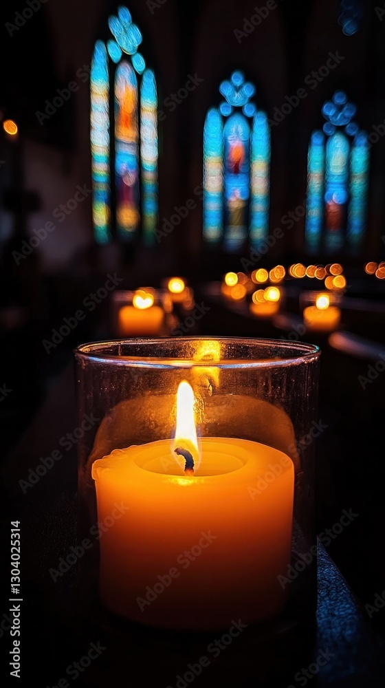 Devotional candles glowing in a dark church, with stained glass windows in the background Devotional candles glowing in a dark church, with stained glass windows in the background