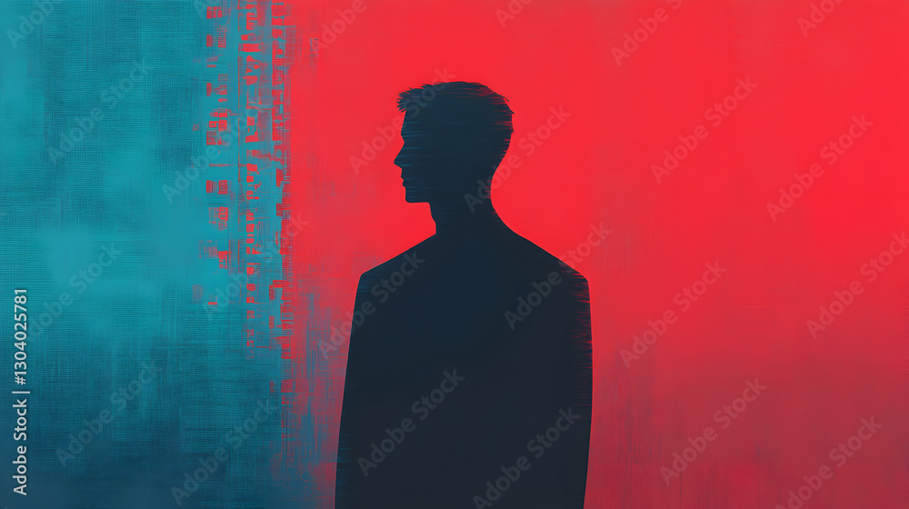 Art installation silhouette against a bright urban abstract background