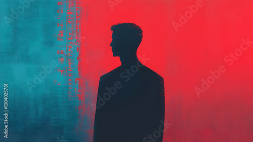 Art installation silhouette against a bright urban abstract background
