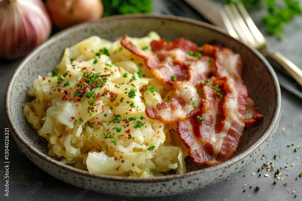 Fried bacon with cabbage and spices creating a tasty meal Fried bacon with cabbage and spices creating a tasty meal