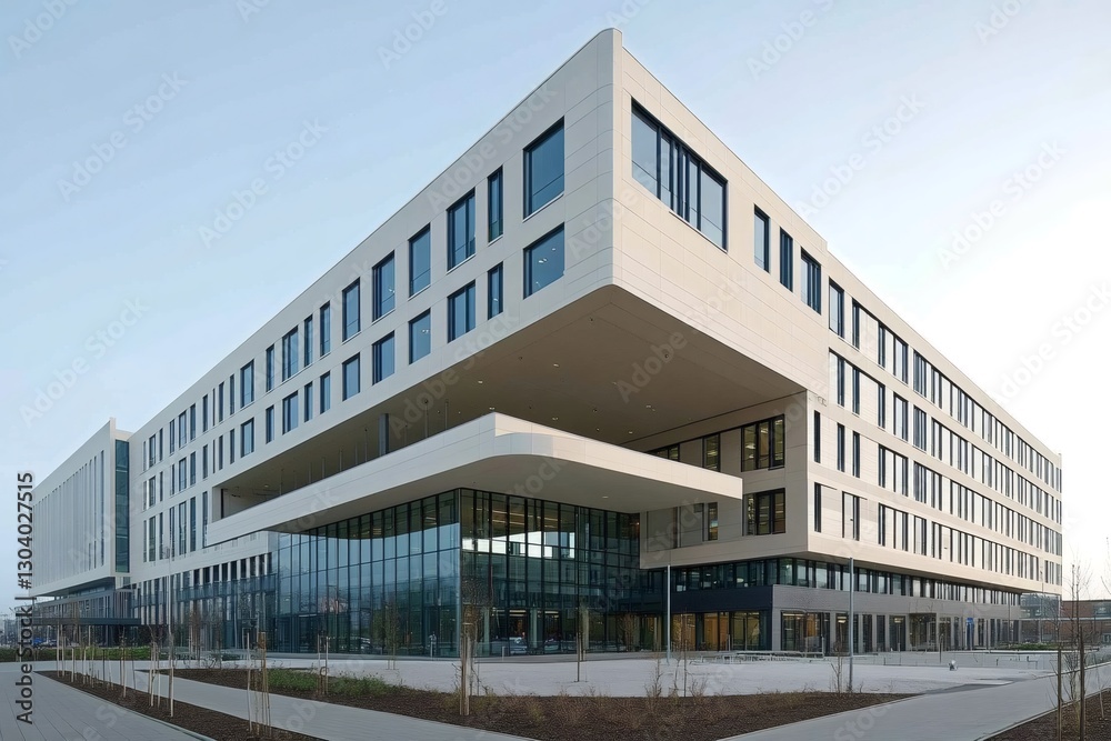 Obraz premium Modern office building exterior with overhanging structure and glass facade