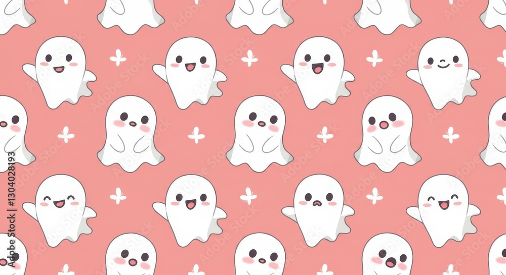 Cute cartoon ghosts, Halloween pattern, pink background, white ghosts, black witch hat, kawaii style, seamless repeat pattern, playful spooky design, childlike illustration, whimsical ghosts, polka do Cute cartoon ghosts, Halloween pattern, pink background, white ghosts, black witch hat, kawaii style, seamless repeat pattern, playful spooky design, childlike illustration, whimsical ghosts, polka do