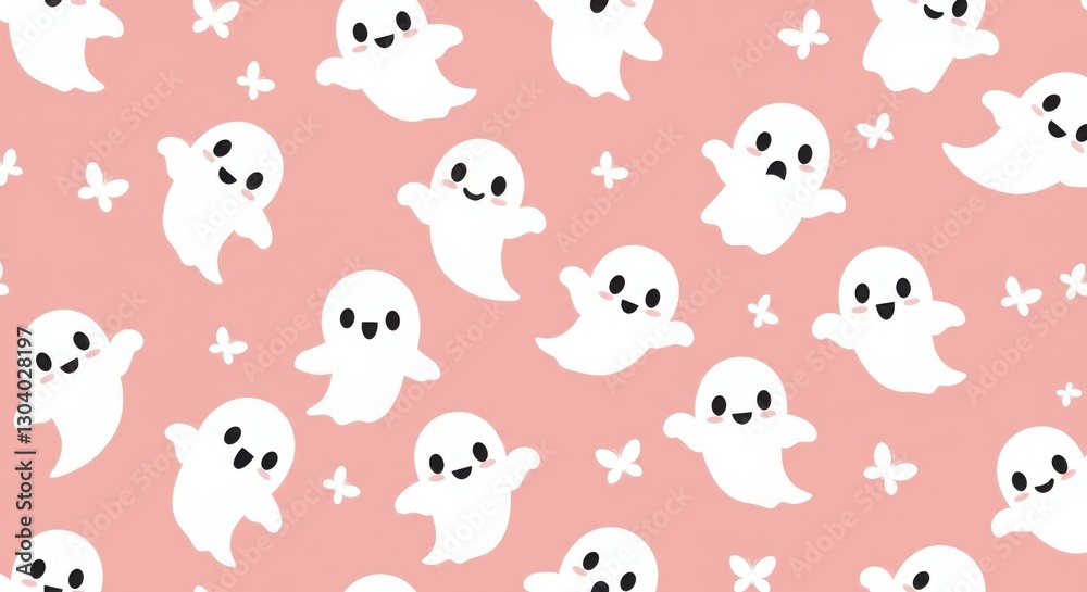 Fototapeta premium Cute cartoon ghosts, Halloween pattern, pink background, white ghosts, black witch hat, kawaii style, seamless repeat pattern, playful spooky design, childlike illustration, whimsical ghosts, polka do