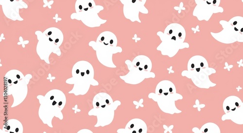 Cute cartoon ghosts, Halloween pattern, pink background, white ghosts, black witch hat, kawaii style, seamless repeat pattern, playful spooky design, childlike illustration, whimsical ghosts, polka do