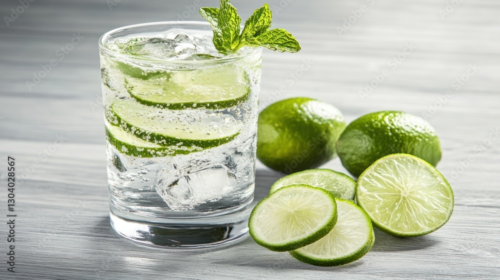 Refreshing lime water drink on wood Refreshing lime water drink on wood