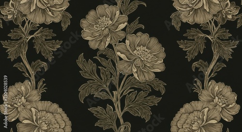 Wallpaper Mural Ornate floral pattern, Baroque style wallpaper, Gold and black color scheme, Intricate damask design, Vintage textile motif, Luxurious fabric texture, Symmetrical botanical elements, Elegant repeat pa Torontodigital.ca