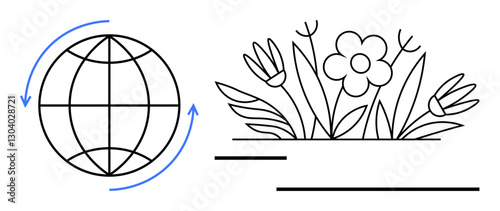 Globe encircled by arrows beside blooming flowers and plants. Ideal for environment, sustainability, balance, nature, ecology, growth, conservation. Flat simple metaphor