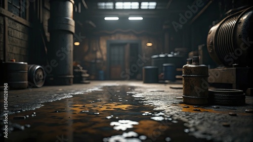 A gritty industrial scene featuring an oil spill in a dimly lit workshop, emphasizing the textured, grimy surfaces and raw aesthetics.