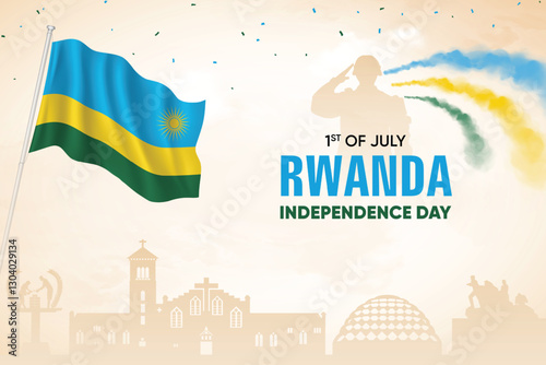 Rwanda Flag Waving On Skyline Background. Independence Day Concept Design Vector Illustration.
