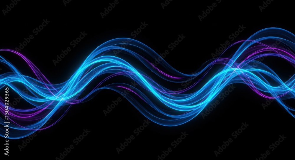 Obraz premium Glowing energy waves, neon blue and purple, flowing curves, abstract light trails, black background, digital art, futuristic, vibrant colors, dynamic motion, ethereal, sleek design, high contrast, lum