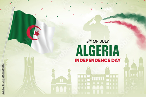 Algeria Flag Waving On Skyline Background. Independence Day Concept Design Vector Illustration.