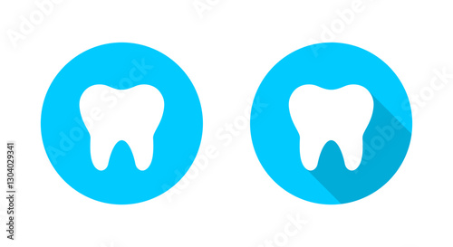 Tooth icon with long shadow. Medical molars sign symbol on blue circle